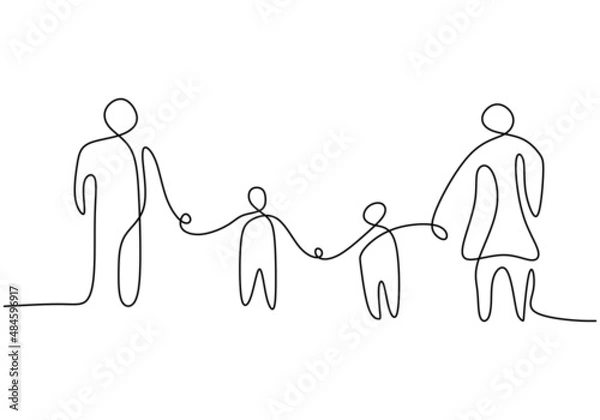 Fototapeta One continuous single line of four family member isolated on white background.