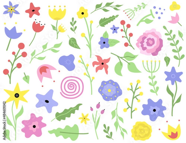 Fototapeta Big set of simple vector flowers and leaves. Flat design. Trendy color 2022