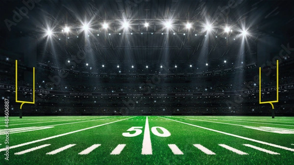 Fototapeta American football stadium with yellow goal posts, grass field and fans at side playground view. Digital 3D illustration for sport advertisement.