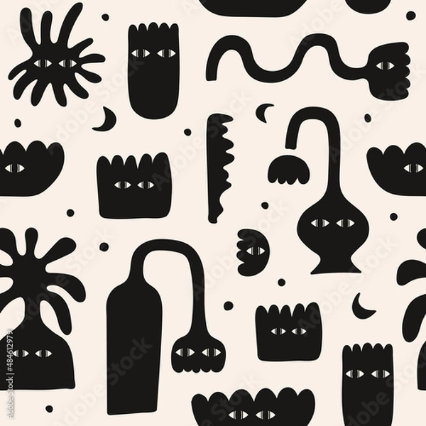 Fototapeta Abstract seamless pattern with black various strange vases and flowers. Trendy hand drawn fictional characters isolated on a light background.	