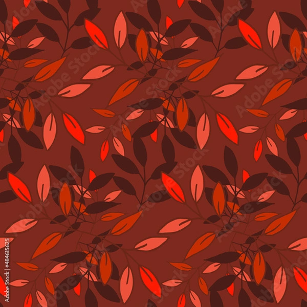 Fototapeta Vector leaves and branches with leaves. Banner of scattered  hand drawn branches of line art foliage . Botanical design for ribbon, edging, trim.