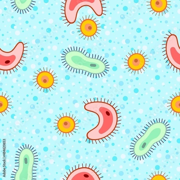 Fototapeta Bright seamless multicoloured pattern with bacteria on bubble background. Vector design.