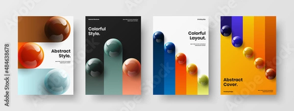 Fototapeta Minimalistic 3D spheres postcard template composition. Isolated leaflet A4 vector design layout bundle.