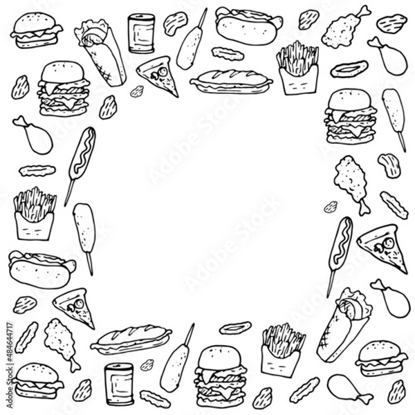 Obraz square frame made of fast food. vector pattern of ice cream, croissants, pizza, hamburgers, sandwiches, hot dog, with an empty space inside drawn in doodle style, black isolated outline for restaurant