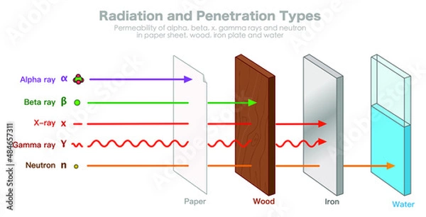 Obraz Radiation penetration types. Permeability power, alpha, beta, x ray, gamma rays. Neutron particle. paper sheet, wood, iron plate, water. Radioactivity. Illustration graphic vector