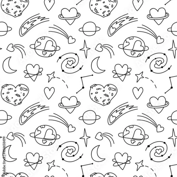 Obraz Seamless doodle pattern with cosmic hearts. Background with astronomical contour drawings of stars, love, planets, galaxies. Creative romantic print with minimalistic drawings