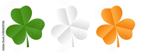Fototapeta Set of shamrocks in Irish flag colors. Green, white and orange clovers illustration on a white background isolated. Decorative elements for St. Patrick's Day design. Vector illustration