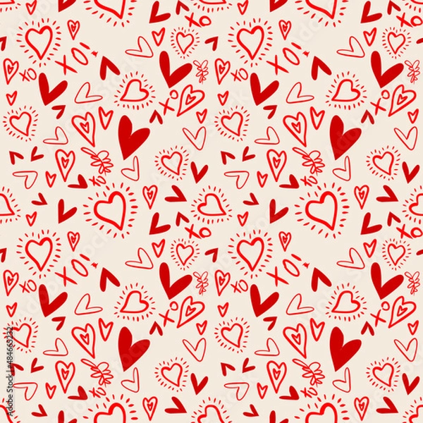 Fototapeta Vector seamless love symbol pattern, with stylish hearts and xoxo (hugs and kisses) phrase 