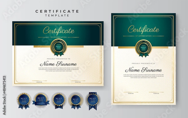 Obraz Modern dark green and gold business certificate design template in professional style with gold badge and border frame pattern. Vector illustration