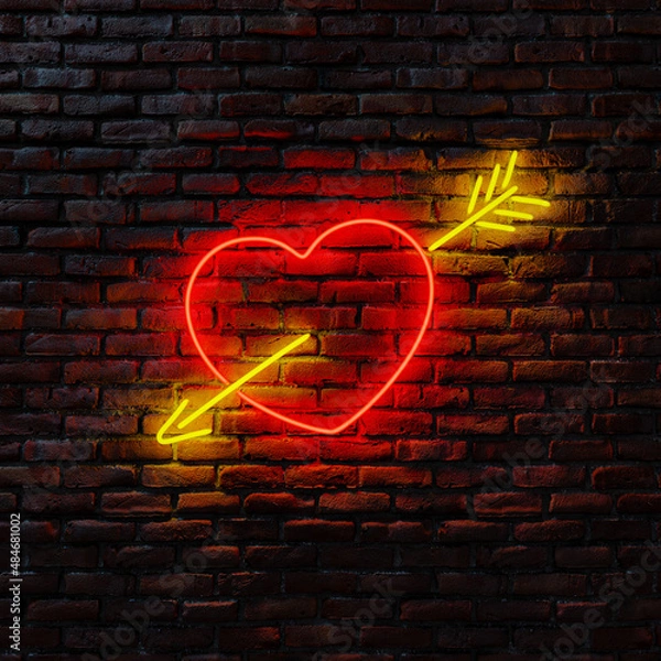 Fototapeta Neon heart and arrow on a brick wall