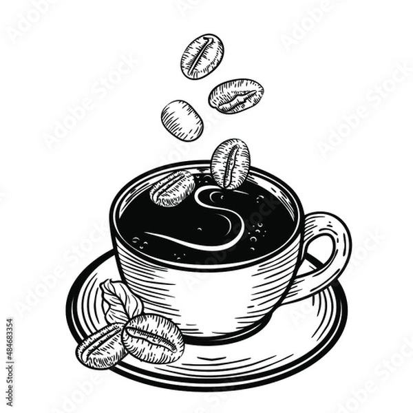 Fototapeta Vector sketch illustration - cup of coffee. Line art design. Big collection isolated on white background.