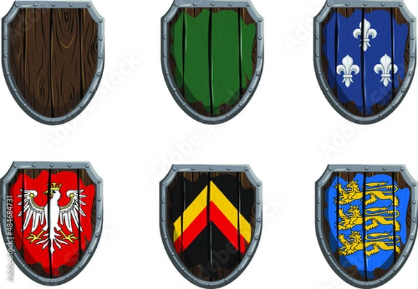 Fototapeta set of wooden shields with emblems.medieval shields. Vector graphics