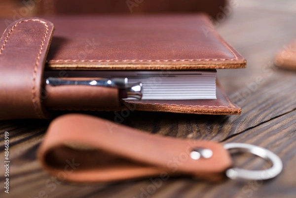 Obraz Handmade leather notebook closeup
