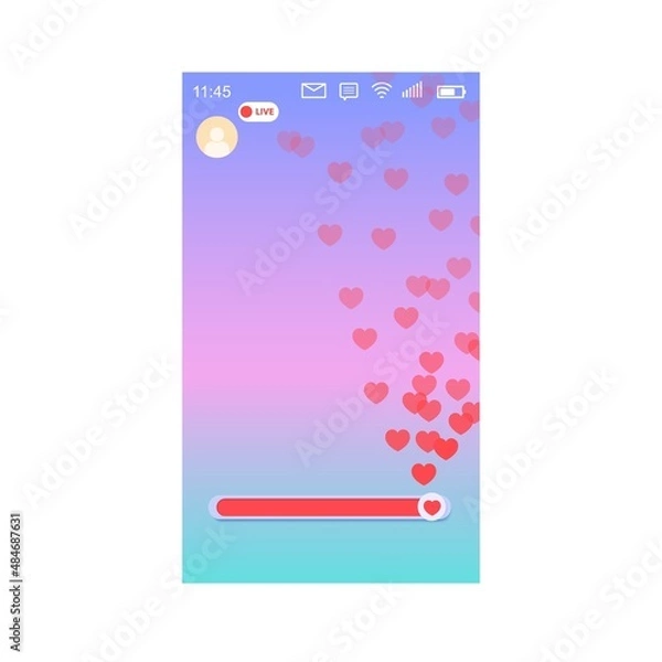 Obraz Mockup of mobile app with like slider live streaming. Interface photo frame design social media application network post template with flying multicolored hearts. Vector illustration for video chat.