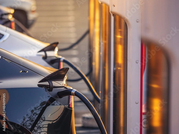 Fototapeta Electric cars charging at charging station outdoors at sunset.