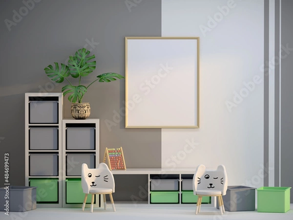 Fototapeta Children's cute high chairs in the children's room with a poster frame mockup on the wall