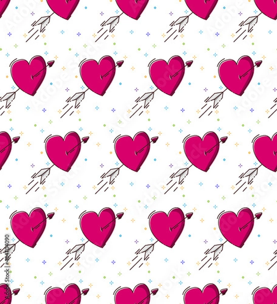 Fototapeta seamless pattern for valentine's day. Bright red hearts pierced by an arrow in MBE style. For decorative design.