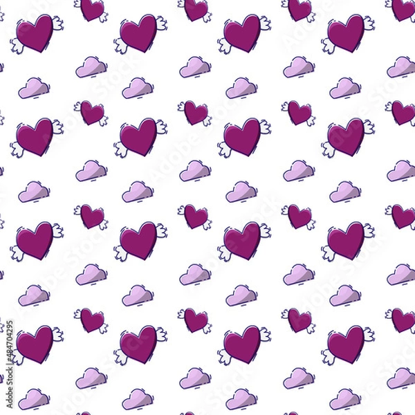 Fototapeta seamless pattern for valentine's day. Bright red hearts flying in the clouds. Love is in the sky. MBE style. For decorative design.