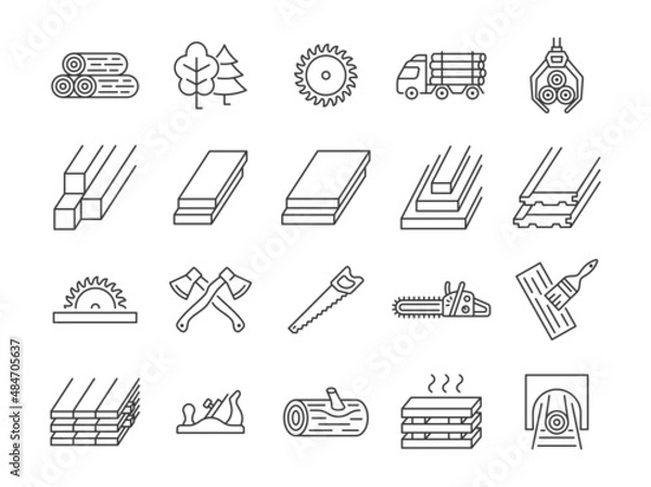 Fototapeta Lumber line icon set. Sawmill collection with log, axe, logging truck, saw, tree, carpentry. Editable stroke.