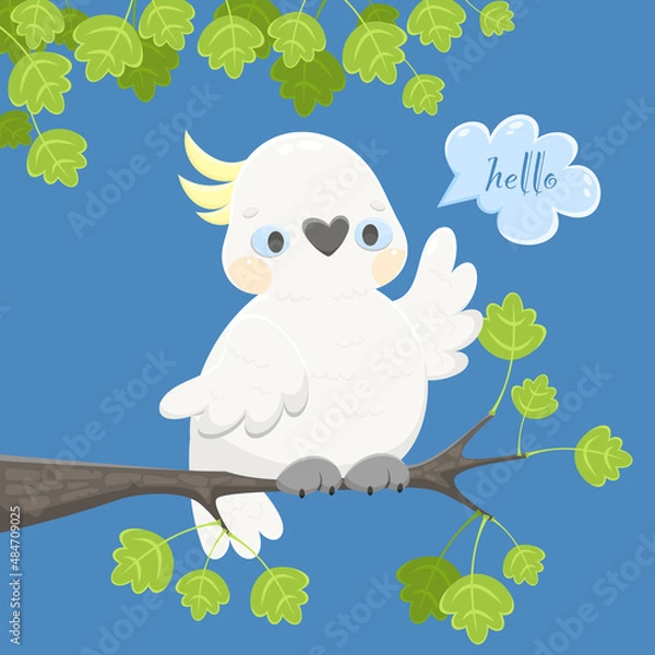Fototapeta The cockatoo sits on a branch. Bird in the natural environment. Vector cartoon parrot.