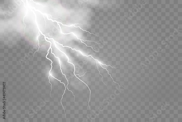 Fototapeta Obraz wektorowy realistycznej błyskawicy. Flash of Thunder na przezroczystym tle.