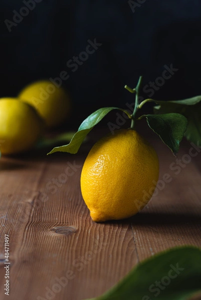 Fototapeta Close up of isolated individual lemon. Dark moody food image with dark background. Fresh green leaves on lemon and in foreground. Wooden table with natural light. Copy space available