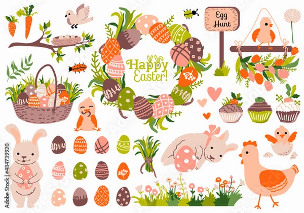 Fototapeta Easter set. Wreath, garland, cute bunnies and chickens, Easter eggs, cupcakes, carrot, grass, herbs, basket. Spring home decor. Ideal for sticker kit, greeting cards, tags.