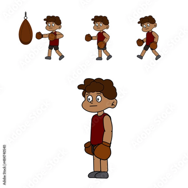 Obraz Cartoon boxer in boxing gloves. Vector illustration of a cartoon character with a punching bag for animation. All details on separate layers with names.