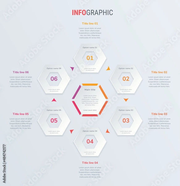 Fototapeta Red timeline infographic design vector. 6 steps, honeycomb workflow layout. Vector infographic timeline template.
