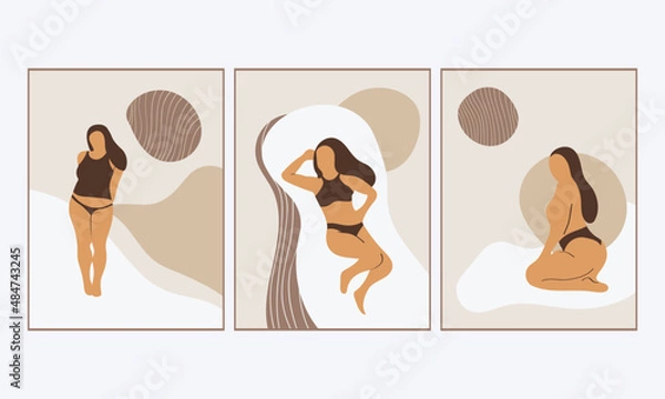 Fototapeta Set with abstract female figures in a minimal style. Vector poster with a woman in underwear. Vector vintage illustration for home decor.