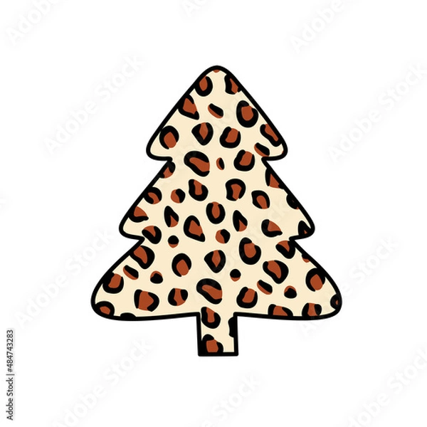 Obraz Christmas trees with leopard print. Collection of Christmas tree with leopard pattern, leopard skin. Colorful illustration of New Year design for banner, postcard, greeting card. Vector illustration.