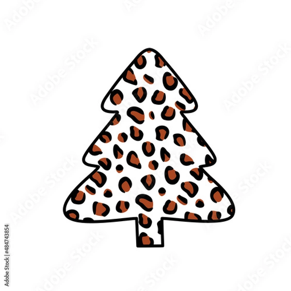 Obraz Christmas trees with leopard print. Collection of Christmas tree with leopard pattern, leopard skin. Colorful illustration of New Year design for banner, postcard, greeting card. Vector illustration.