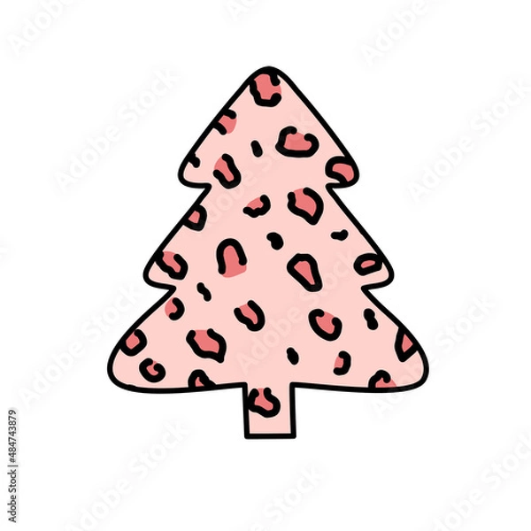 Obraz Christmas trees with leopard print. Collection of Christmas tree with leopard pattern, leopard skin. Colorful illustration of New Year design for banner, postcard, greeting card. Vector illustration.
