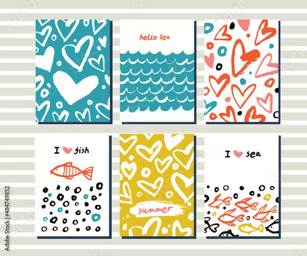 Fototapeta Set of cute creative card templates with summer theme design. Poster design. Vector illustration.