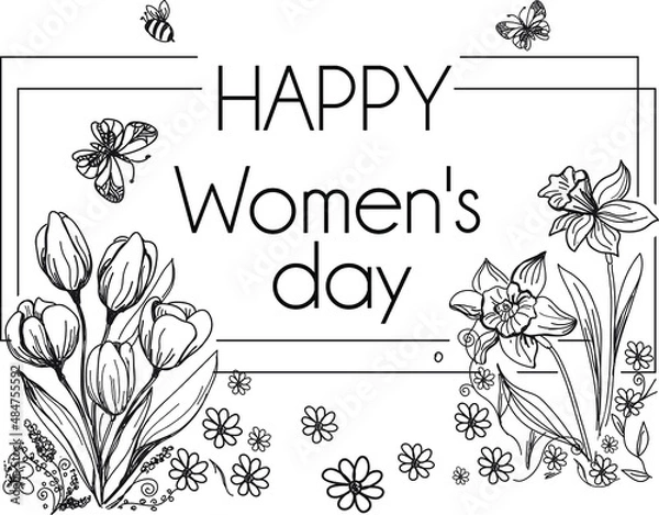 Fototapeta Women's Day, happy women's day on March 8. Black and white vector graphics of daffodils, tulips, spring and text.