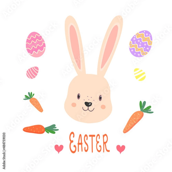 Fototapeta Easter rabbit. easter Bunny with carrot and eggs, isolated on white background.Vector.