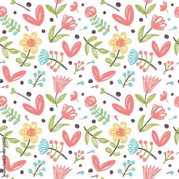 Fototapeta Seamless pattern with cute birds and hearts.
