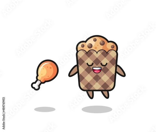 Fototapeta cute muffin floating and tempted because of fried chicken