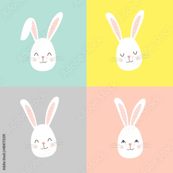 Fototapeta Bunnies, rabbits, cute characters set, for Easter, kids and baby t-shirts and greeting cardsDraw vector illustration collection head of rabbit.Isolated on different color backgrounds.