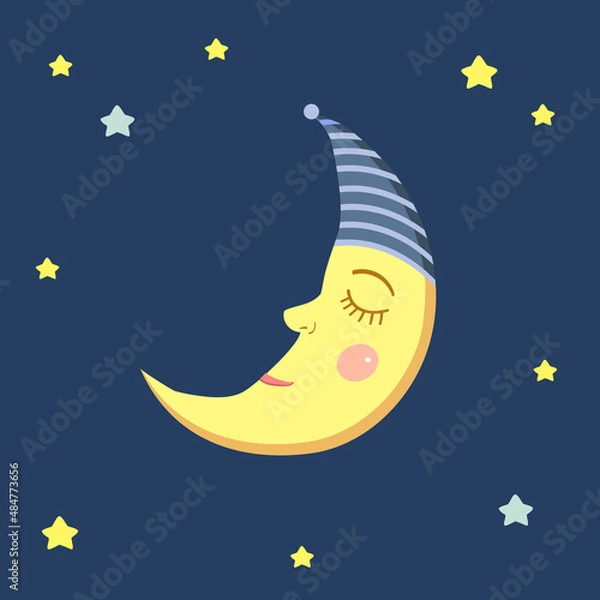 Fototapeta Month in the starry sky.The Sleeping Moon on a dark blue, isolated background. Cartoon style.Vector illustration.