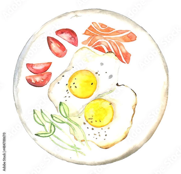 Fototapeta Hand-drawn scrambled eggs in watercolor. Watercolor breakfast illustration, scrambled eggs with tomato and salmon.