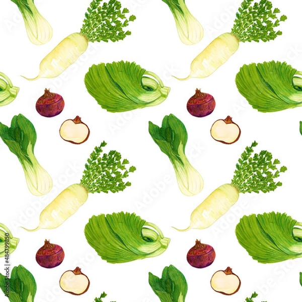 Obraz Watercolor hand drawn seamless vegetable pattern, isolated on white background.