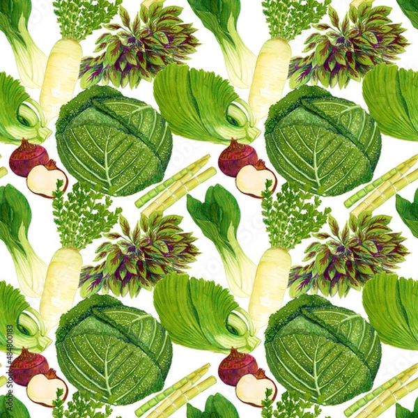Obraz Watercolor hand drawn seamless vegetable pattern on white background.