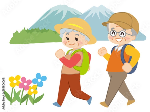 Fototapeta ハイキングをするシニア夫婦　散歩　ウォーキング