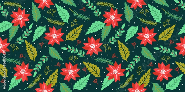 Obraz Christmas and Happy New Year Seamless pattern with poinsettia leaves
