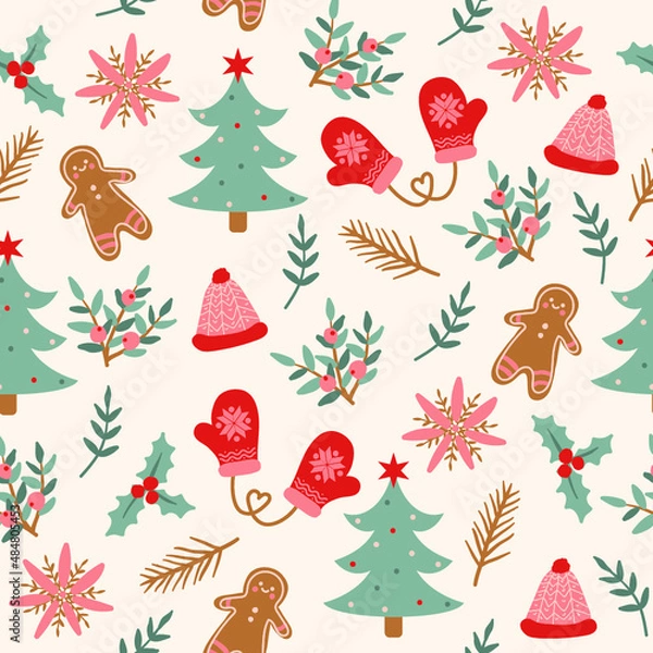 Obraz Seamless christmas pattern retro style with gingerbread cookies