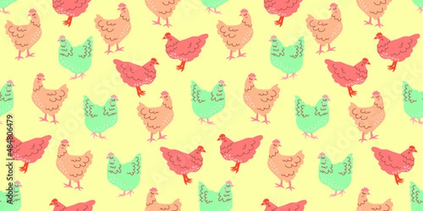 Obraz Seamless / surface pattern with hen / chicken, perfect for textile, paper print, easter or else. Scandinavian and retro style