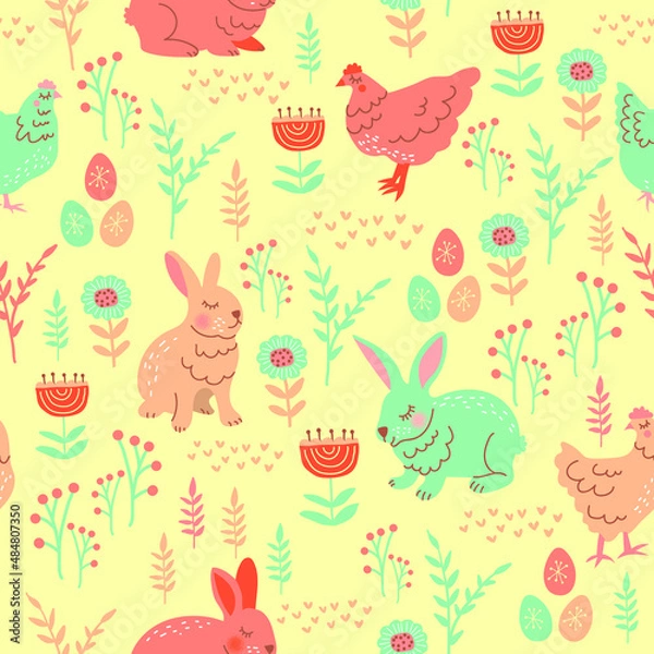 Obraz Seamless / surface pattern with rabbit, egg, hen / chicken and flower for easter, textile print or else. Scandinavian, retro, and folk style