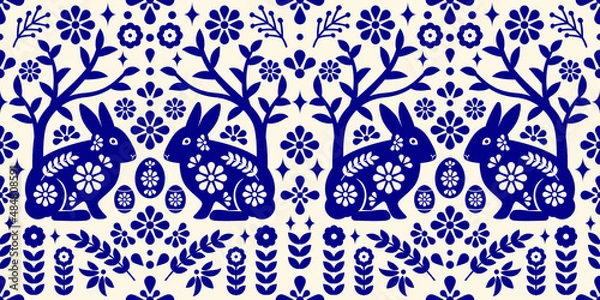 Obraz Seamless easter pattern scandinavian folk mexican style design with rabbit and flower.