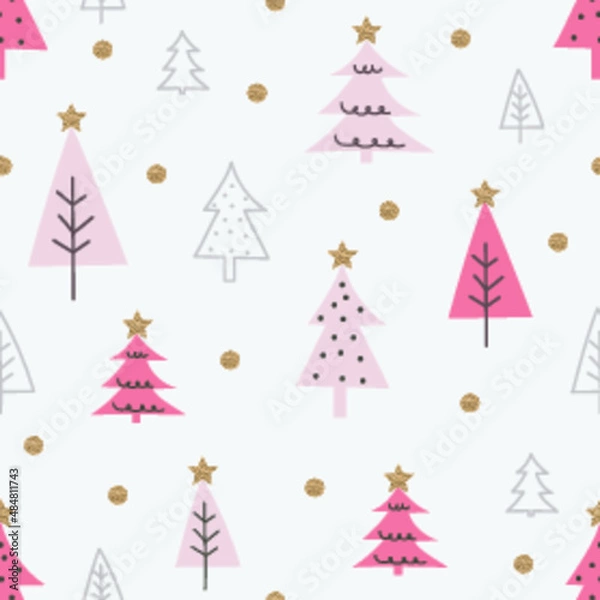 Obraz Seamless christmas pattern with pink pastel christmas trees, star and gold glitter. 